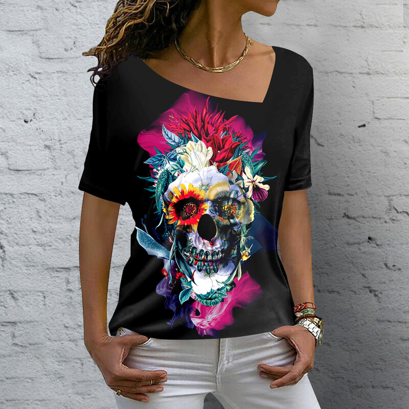 T-shirt imprimé tête de mort 3D pour femme, chemisiers à col oblique, pull à manches courtes, t-shirts vintage, vêtements respirants, décontracté, été
