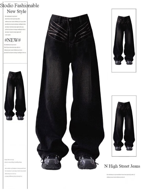 Jean gothique noir surdimensionné pour femme, pantalon de cow-boy taille haute, jean baggy vintage, vêtements en denim Harajuku, JJ90 s, Y2K Trashy Emo, années 2000