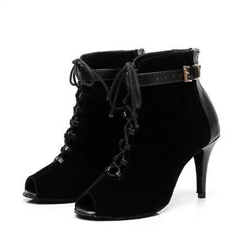 Woman Black  Latin Jazz Dance Shoes Open Toe High Heel Stiletto Bootie Girls Slim Heel 8.5cm/10cm Lace Up Dance Boots