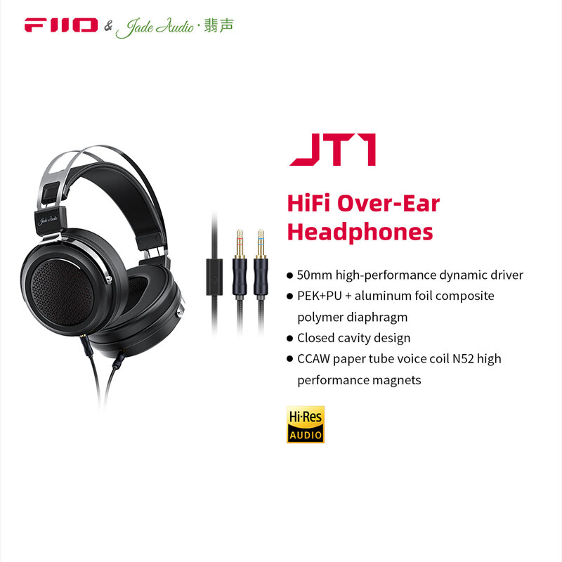 FiiO/JadeAudio JT1 3.5mm słuchawki studyjne do nagrywania gier z mikrofonem, sterownik membrany 50mm, dźwięk HiFi