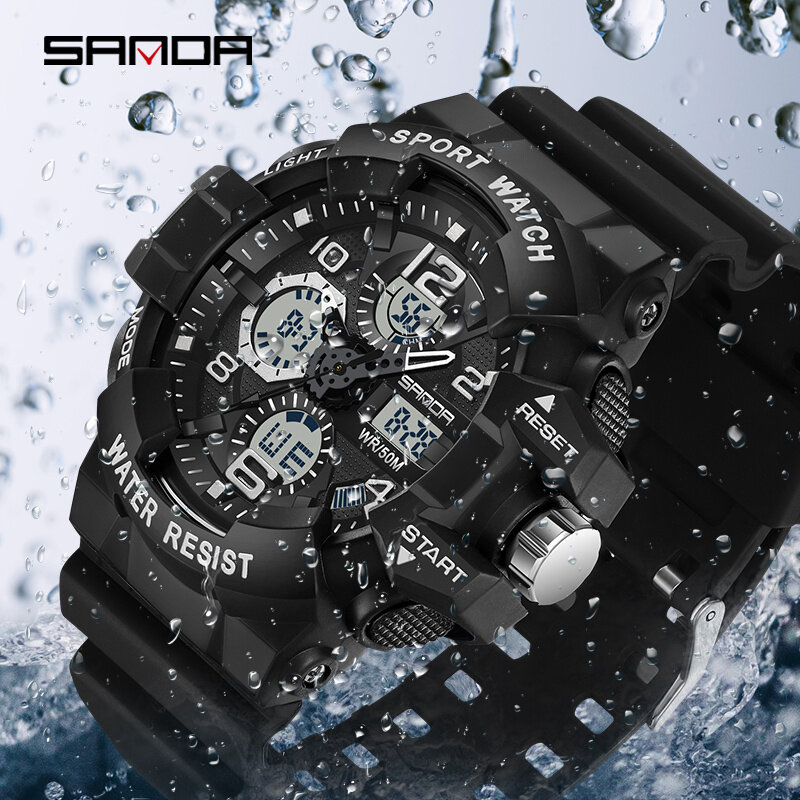 SANDA 브랜드 밀리터리 워치 남성용 디지털 충격 스포츠 시계, 남성용 방수 전자 손목시계