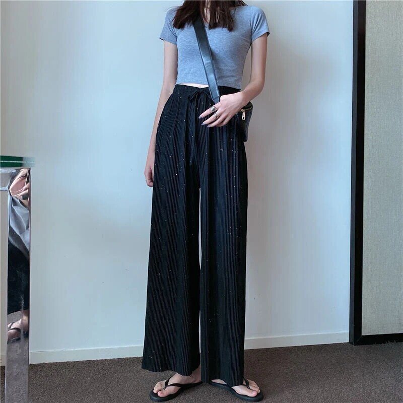 Starry Sky Sparkling Pleated Ice Silk High Waist Elastic Casual Wide Leg Pants For Women