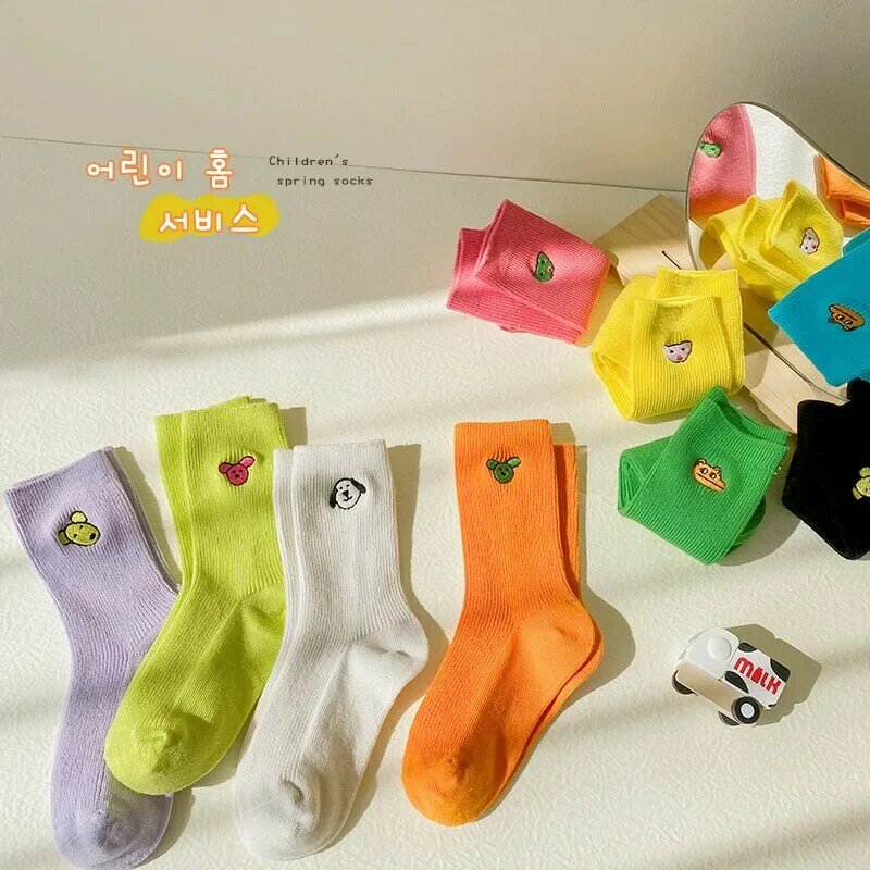 3 Pair Kids Boy Girl Sock Candy Color Kawaii Cartoon Animal Calf Sock for Toddler Spring Autumn Cotton School Student Sock