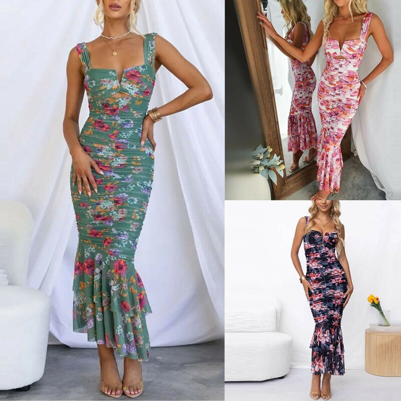 Beach Style Ruffle Sleeveless Maxi Dress, Women Spring Summer V-Neck Hollow Out Party Dress, Printed Slim Fit Lady Dress Vestido