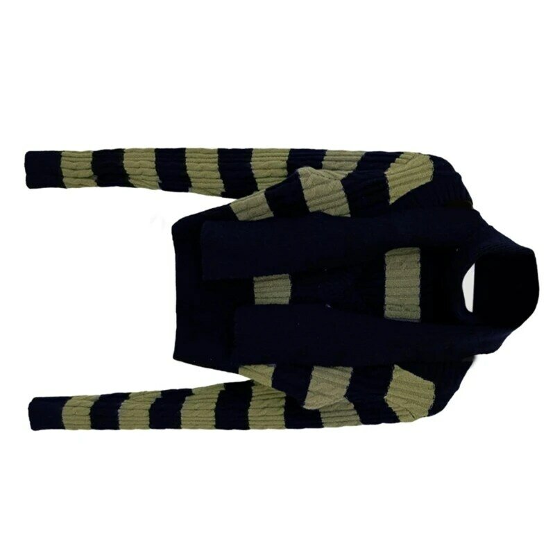 Women Warm Long Sleeve Sexy V-Neck Knit Striped Crop Sweater with Scarf Collar Dropship
