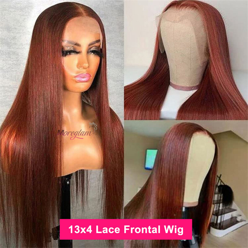 Pelucas frontales de encaje transparente, cabello humano liso marrón rojizo, 13x4, #33, rojo y marrón, prearrancado
