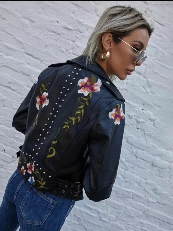Spring and Autumn Embroidered Rivet Women's Pu Heavy Metal Leather Coat Women's Short Coat Jacket