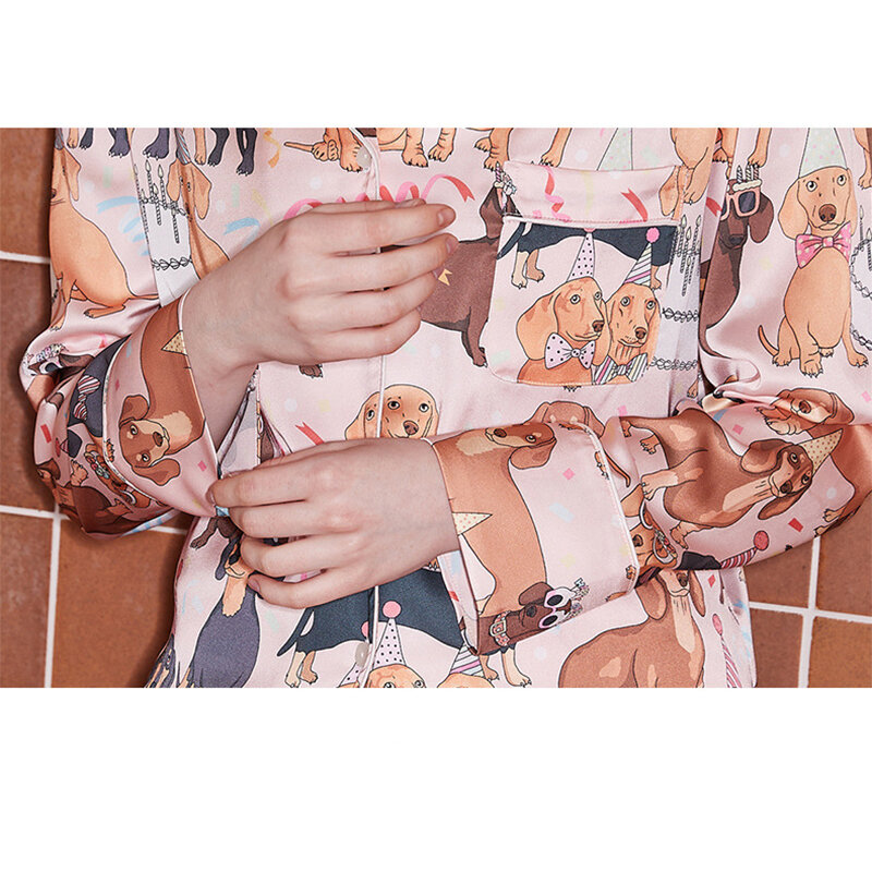 Conjunto de pijama con estampado de Dachshund para mujer, ropa de dormir de seda de dos piezas, pantalones largos de manga larga, primavera y otoño, 2024, 45906