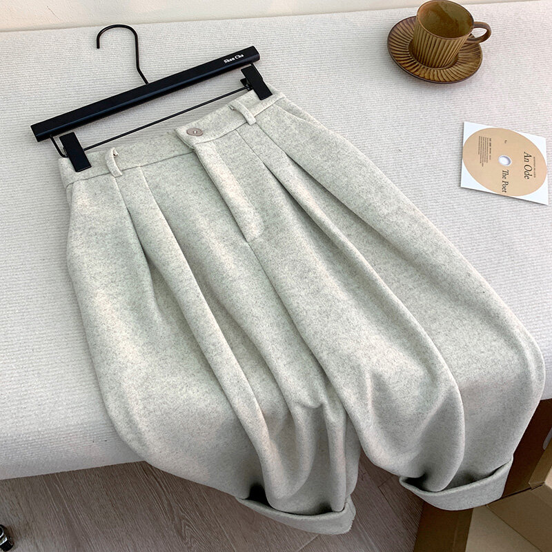 Chic Women Casual Loose Pockets Woolen Suit Pants Autumn Winter High Waist Thicken Korean Ladies Solid Harem Trousers WP49