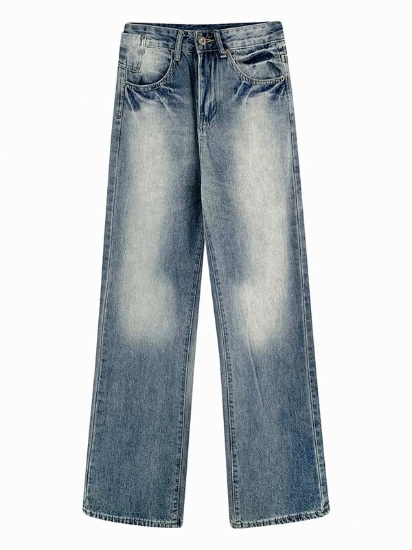 Jeans de cintura alta, calças largas vintage, calças jeans chiques, cor gradiente, alta qualidade, moda outono, feminino