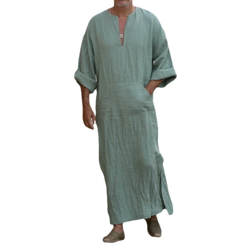 S-5XL ukuran Plus mode Muslim pria jubah kasual katun/Linen saku longgar lengan panjang Vintage gaun Islami etnis Arab pria