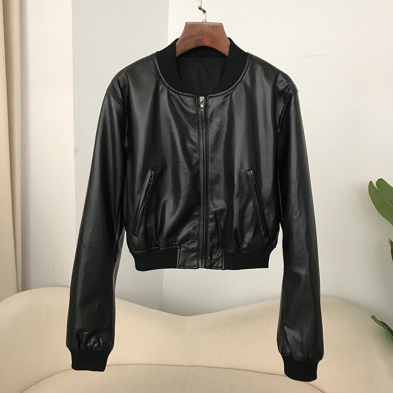 Women Washed Leather Loose Jacket Vintage Stand Collar Gradient Zipper Short Coat Spring Lady Locomotive Style Bomber
