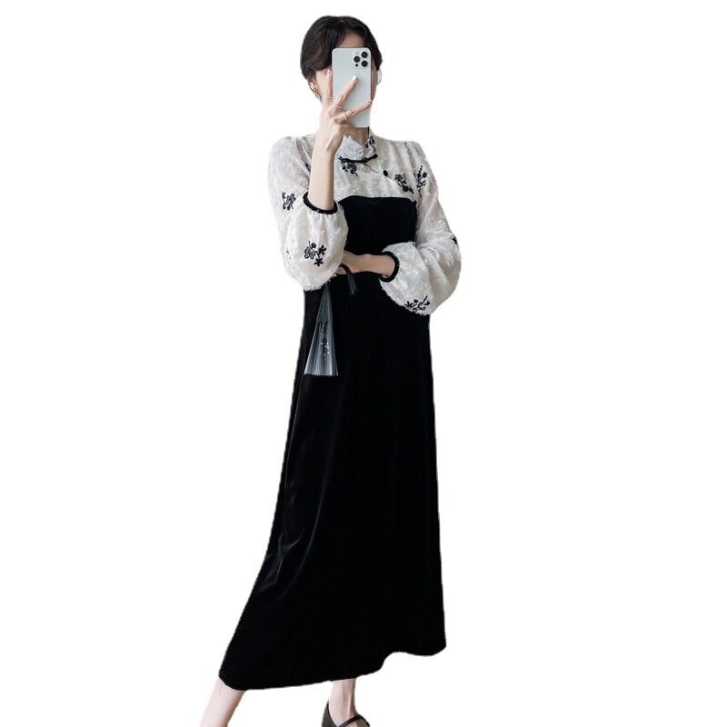 Robe de Style Chinois en Velours localité pour Femme Enceinte, Cheongsam Amélioré, Couture à la Mode, Tempérament Chimspinal, Nouvelle Collection