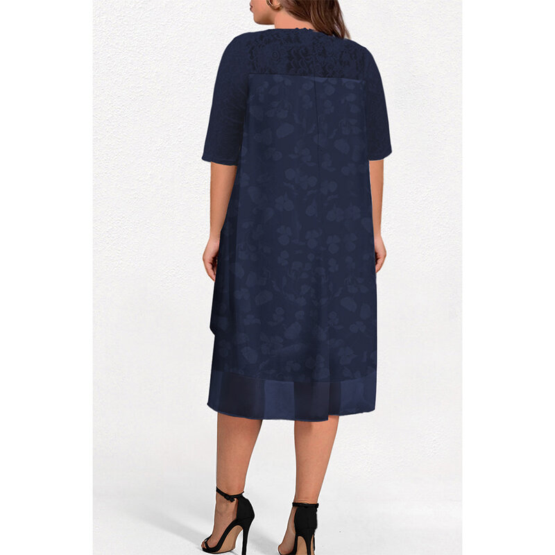 Plus Size Casual Navy Blue Chiffon Lace Floral Print 2 in 1 Midi Dress