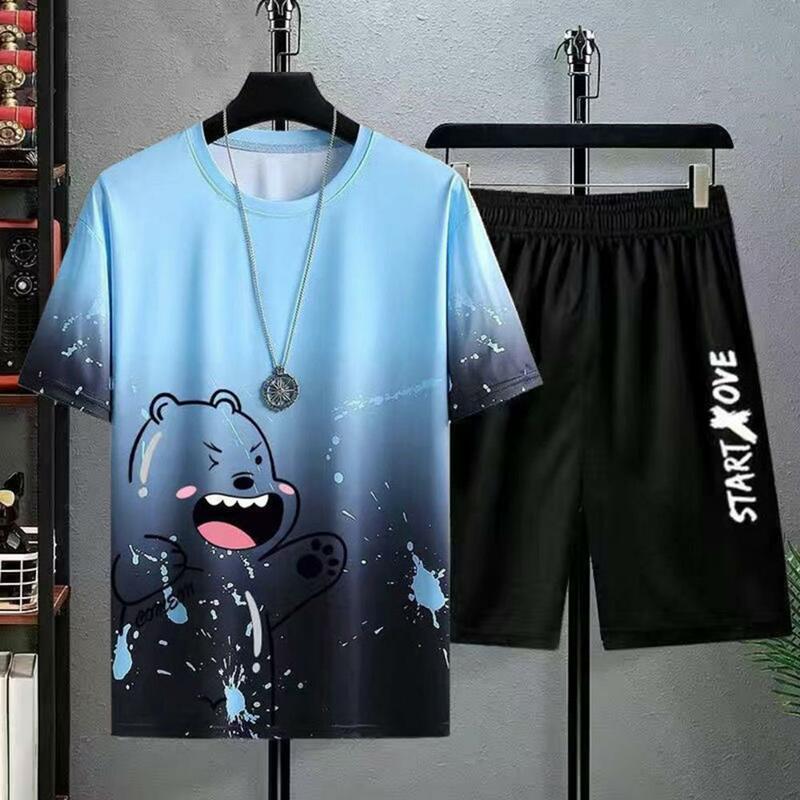 Men Casual Outfit Two-piece Set Short Sleeve Bear Printing T-shirt Wide Leg Shorts Set Quick Drying Loose Fit Men Summer Suit