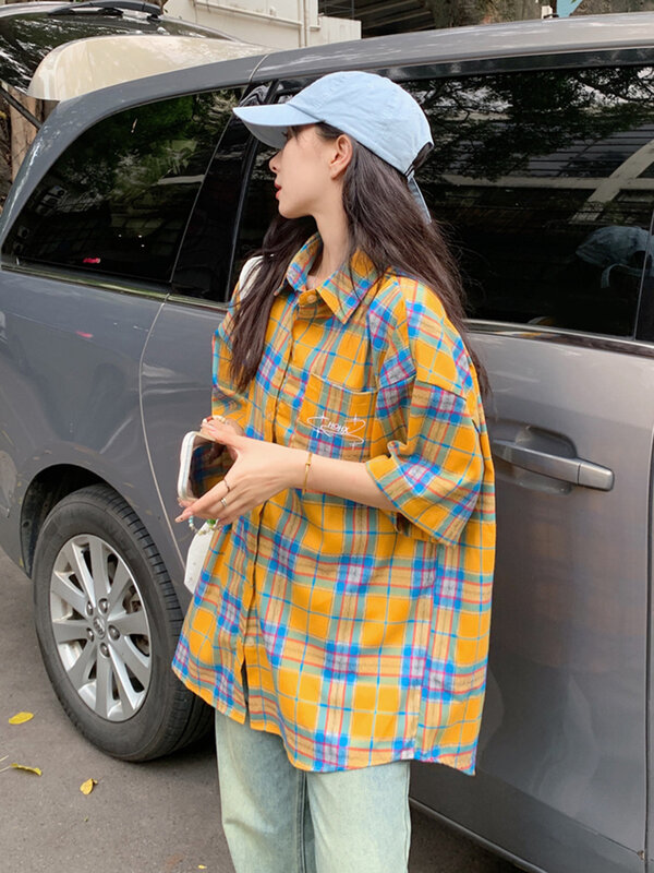 Zoki Retro Streetwear Y2k Plaid Shirt Frauen faulen Wind lose Harajuku Bluse Sommer lässig koreanischen Brief Vintage alle Match Tops