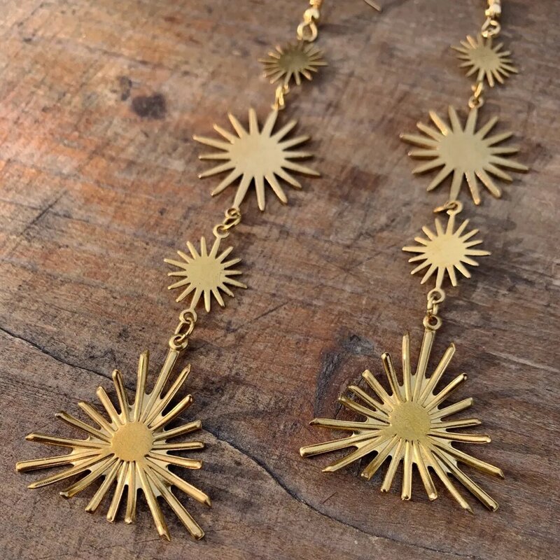 2022 New Long Star Sunburst Gold Brass Sun Earring Pendant Hypoallergenic Earring Jewelry