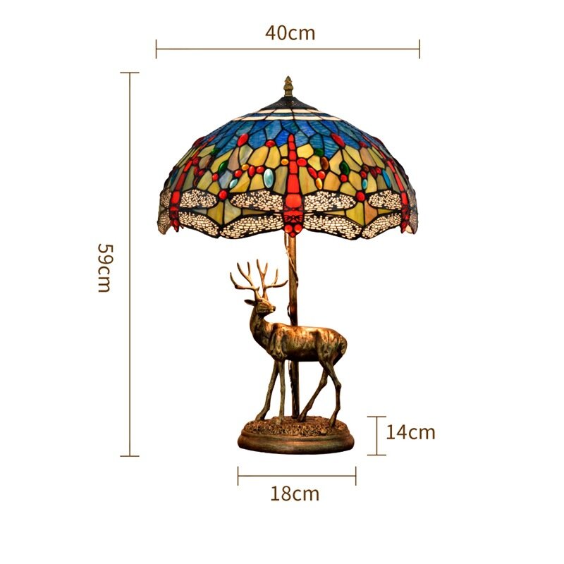 Estilo Tiffany resina veado modelo Buck forma base, vidro colorido, guarda-chuva sombra, LED aquecimento candeeiros de mesa para quarto, plug in, E27