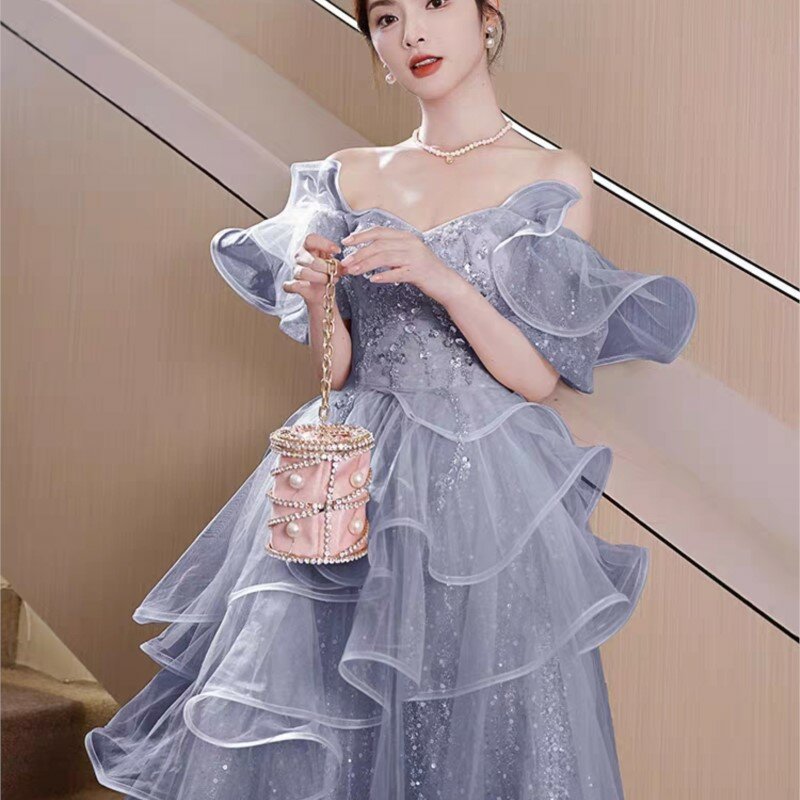 Blue Evening Dress for Women Banquet Temperament Fairy Light Luxury Minority Sense Host Art Exam