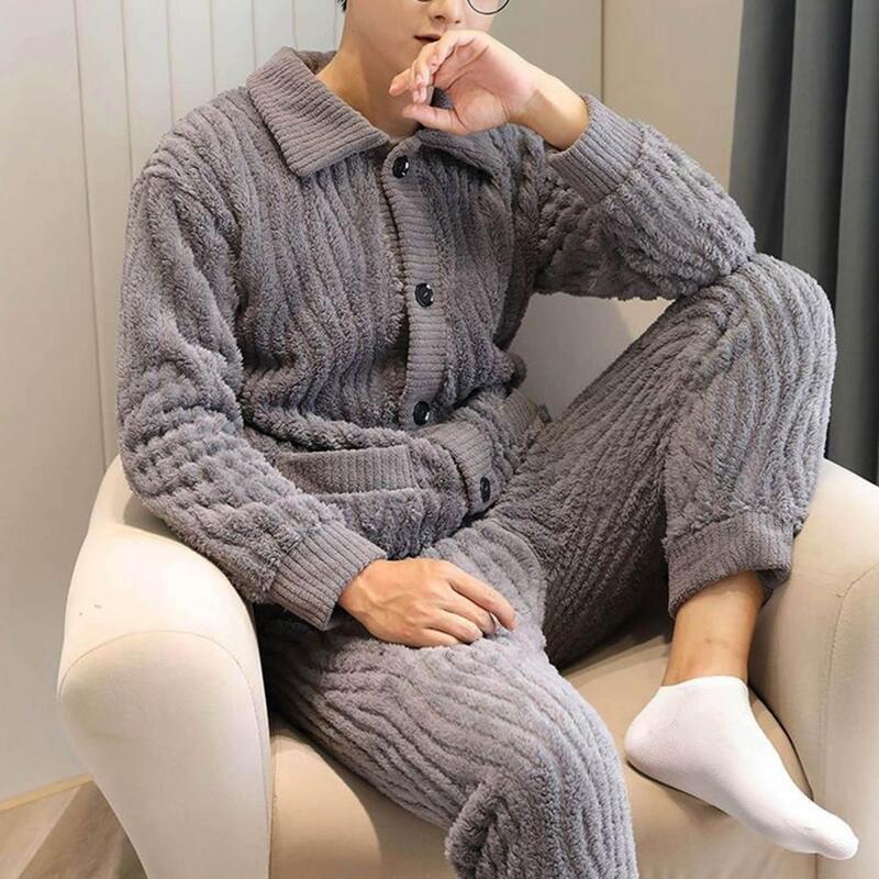 Conjunto confortável de loungewear de inverno masculino, aconchegante, pijama de lapela de pelúcia, cintura elástica, textura de onda de água quente para homens