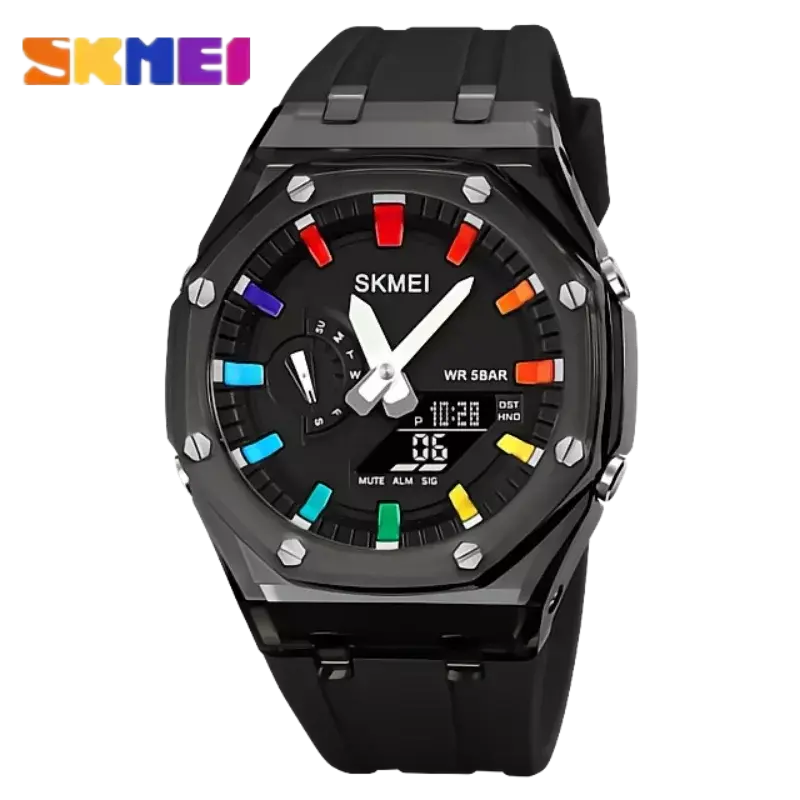 SKMEI นาฬิกาข้อมือกันน้ำจับเวลานับถอยหลังนาฬิกาข้อมือสำหรับผู้ชาย, นาฬิกาข้อมืออิเล็กทรอนิกส์มีไฟ LED 5นาฬิกาปลุก2เวลานาฬิกาดิจิตอล2100