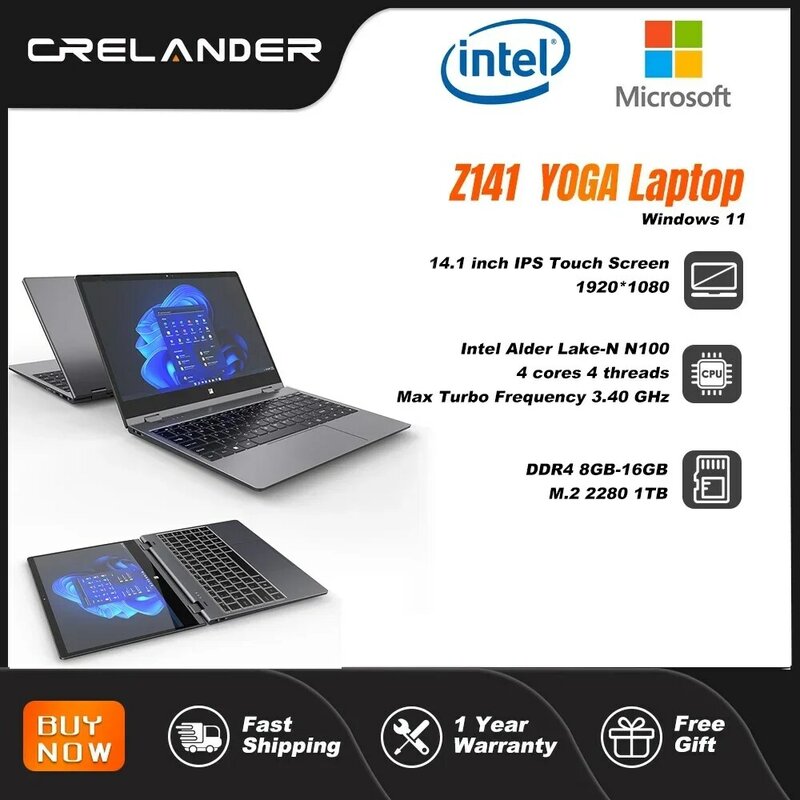 CRELANDER-Mini Laptop com tela sensível ao toque, YOGA Z141, processador Intel N100, DDR4, 16GB, 360 graus, dobrável, notebook, PC