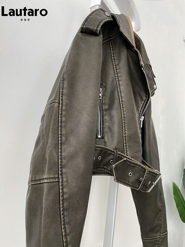 Lautaro primavera autunno Cool Short Loose Pu Leather Biker Jacket Women Zipper Blet Retro Female European Fashion Streetwear 2023