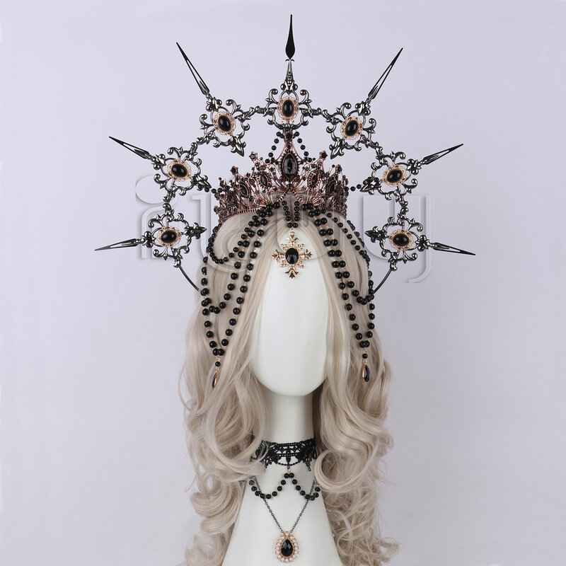 Lolita gótica KC Halo corona tocado barroco Spike Queen Anna Tiara Sun Goddess Devil Headband Halloween Punk accesorios para el cabello