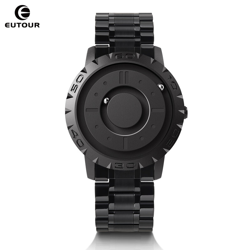 Eutour-男性用の磁気時計,クォーツ,耐水性,樹脂,革,スチール,黒のダイヤル