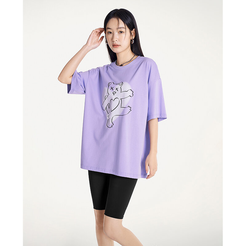 Toyouth Women T-shirt 2023 Summer Short Sleeve Round Neck Loose Tees Heart-shaped Bear Print Pure Cotton Casual Chic Tops