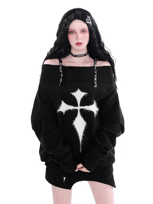 2022 jesień z długim rękawem Gothic Harajuku Punk sweter kobiet swetry Y2k Goth ciemny Grunge Off ramię bluzki z dzianiny