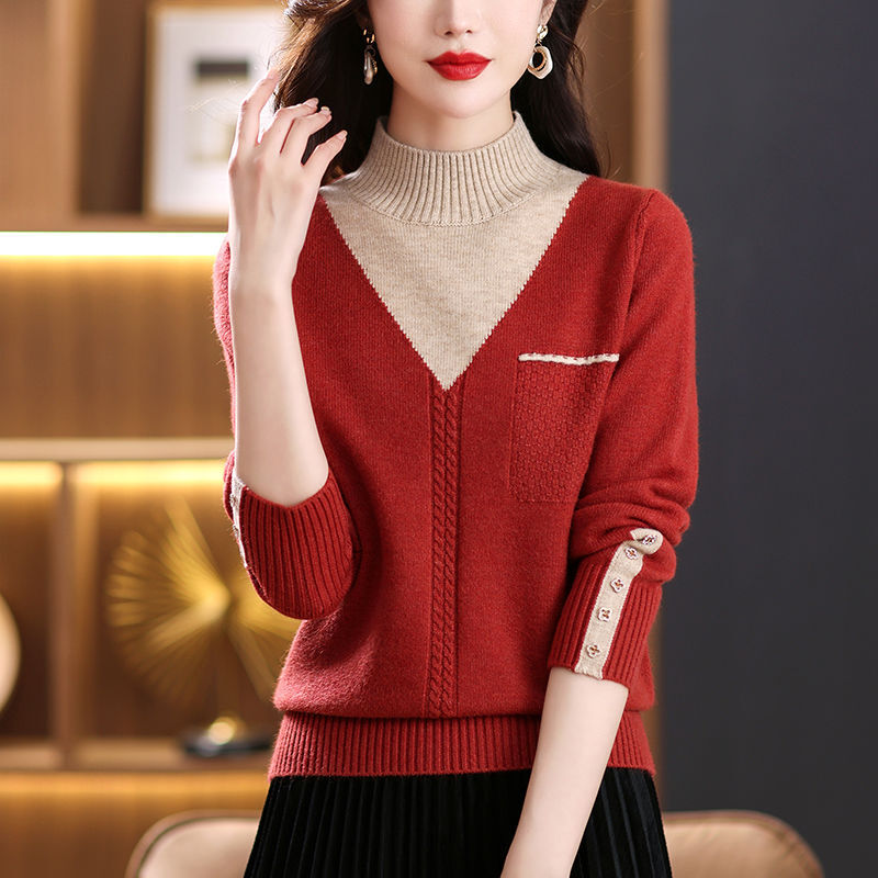 Camisola de botão com gola alta meia emendada feminina, pulôver de malha fina, elegante moda coreana, vintage, outono, inverno