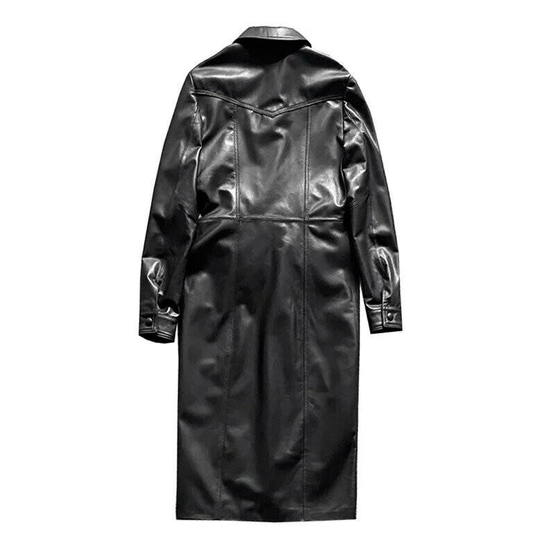 Leather Dress Women Autumn Winter 2023 New Attractive Slim Fit Black Coat Feminino Wrinkled Waist Single Breasted Long Vestido