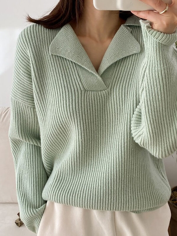 WARMnew Oversize Pullovers Solid Sweater For Women Autumn Women Knitted Ribbed Loose Sweater V-neck Long-sleeved Jumpers Winter