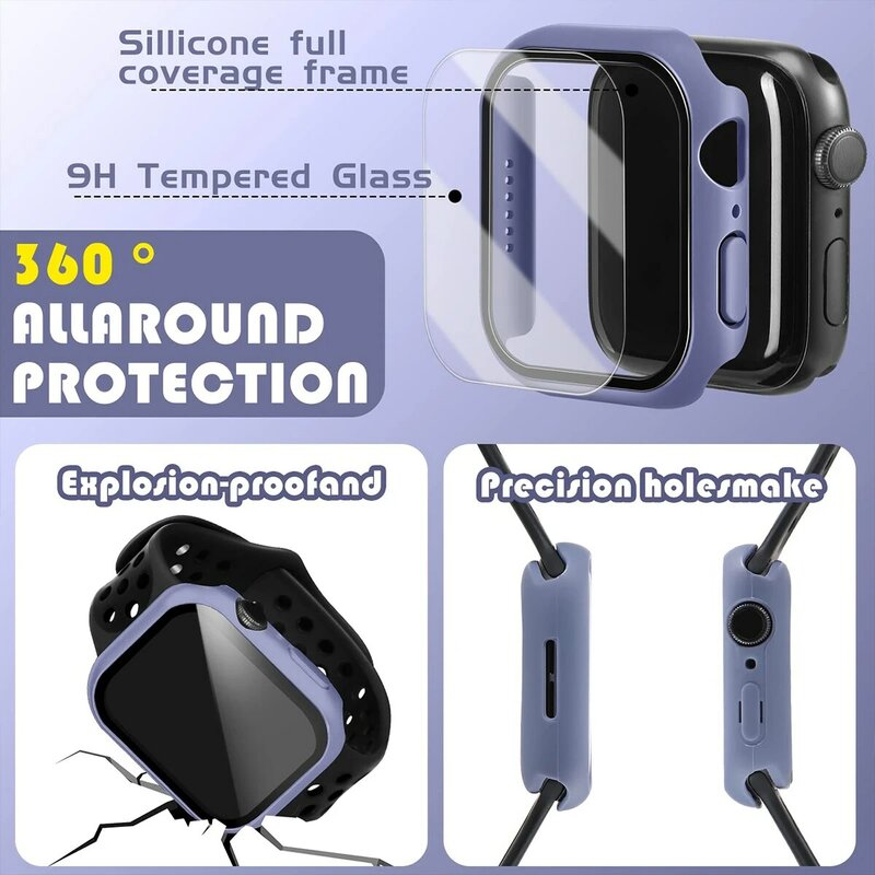 Protector de pantalla de cristal templado y funda para Apple watch, 45mm, 41mm, 44mm, 40mm, 42mm, accesorios para Apple Watch serie 9, 4, 5, 6, SE, 7, 8