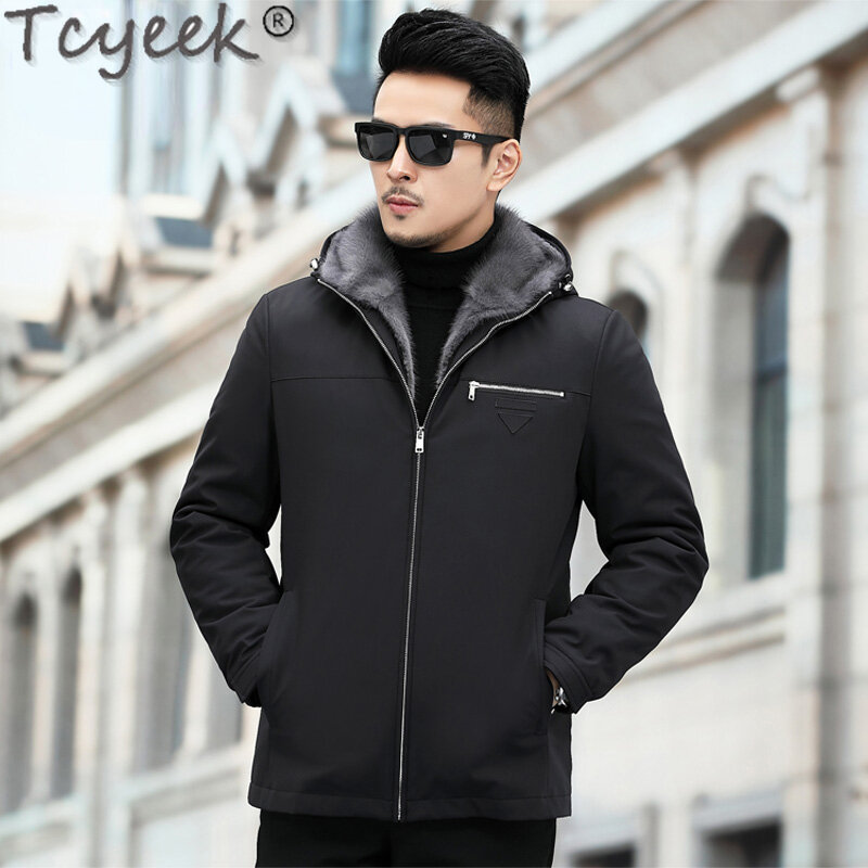 Tcyeek Natural Mink Fur Liner Coats Fashion Parka for Men Slim Men's Coat Hooded Real Fur Jackets Winter Jacket Liner Detachable