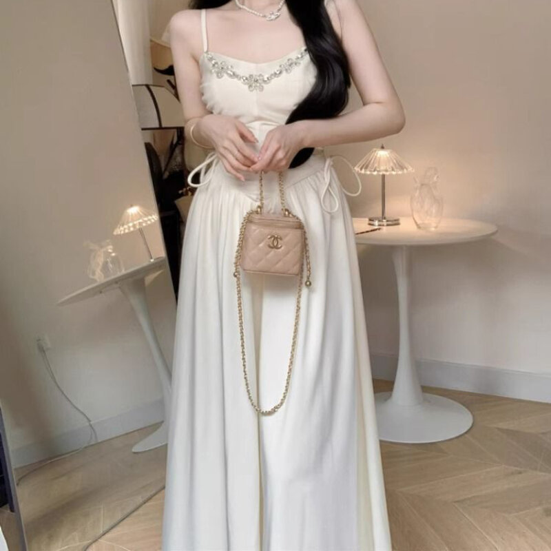 Элегантное Вечернее Платье HOUZHOU для женщин, белое длинное платье без рукавов, корейское винтажное милое шикарное платье средней длины