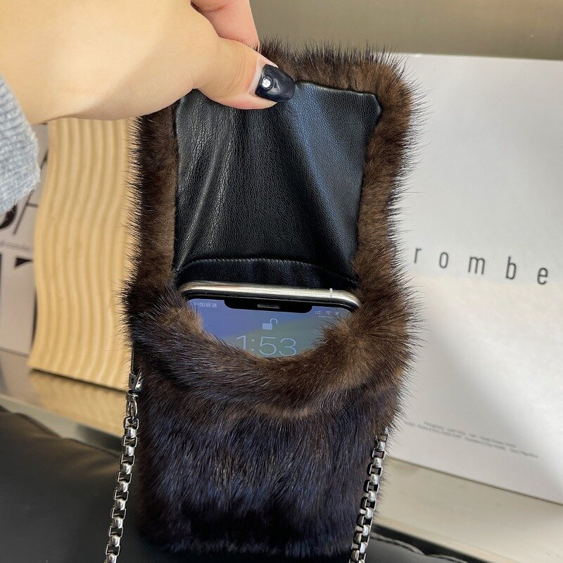 Exquisite Leather Mink Hair Chain Cell Phone Bag Hundred with Cute Street Trend Crossbody Shoulder Fur Coin Purse