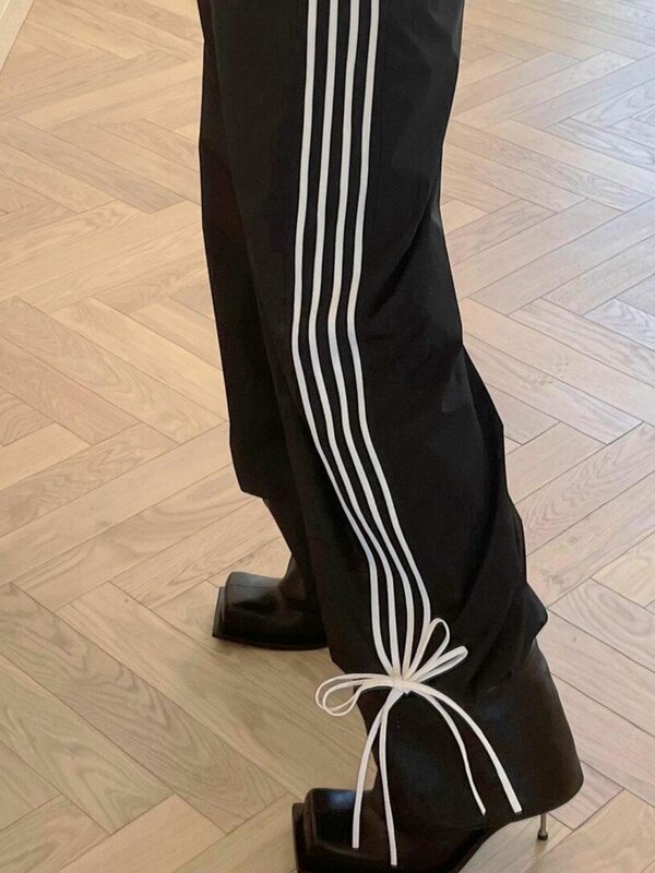 Combhasaki damskie Y2K w stylu Vintage, wiosenna letnia sportowa luźne długie spodnie elastyczna kokarda z niskim stanem wiązana spodnie do joggingu w paski