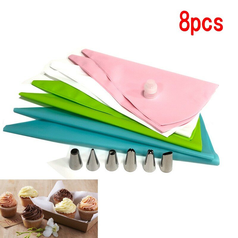 8PCS/bag Silicone Icing Piping Cream Pastry Bag + 6 Stainless Steel Cake Nozzle DIY Cake Decorating Tips Fondant Pastry Tools