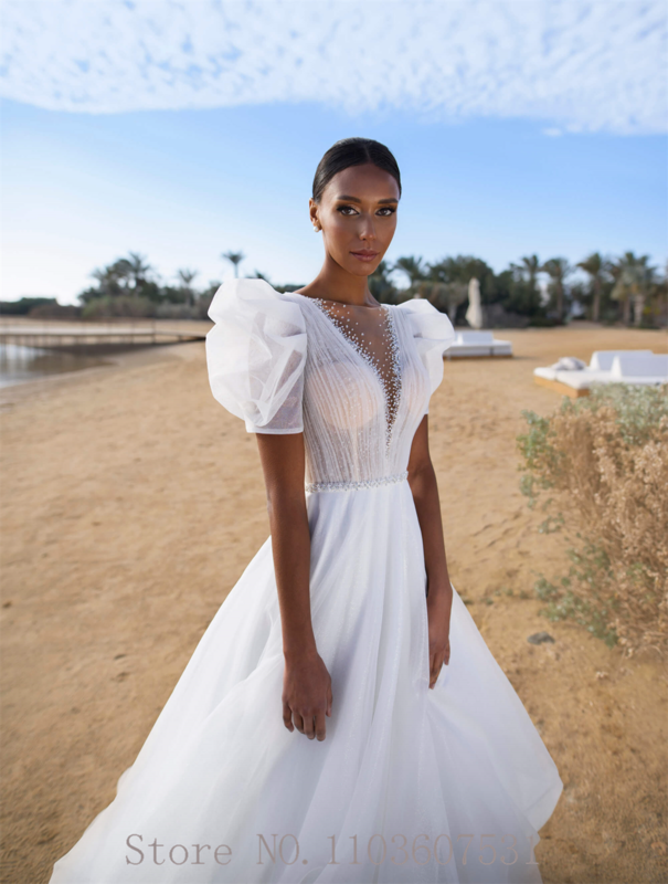Vestido de novia de gasa con cuentas, cuello barco modesto, línea A, manga corta, cinturón de corte, vestido de novia de boda