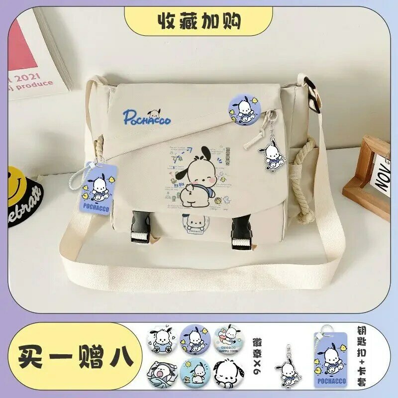 Sanrio กระเป๋านักเรียนสะพายข้างสำหรับสุนัขปาชาแบบถือได้, ใหม่กระเป๋านักเรียนผ้าใบแคนวาสแบบมีที่จับกระเป๋าสะพายไหล่เดียวสำหรับไปเรียน