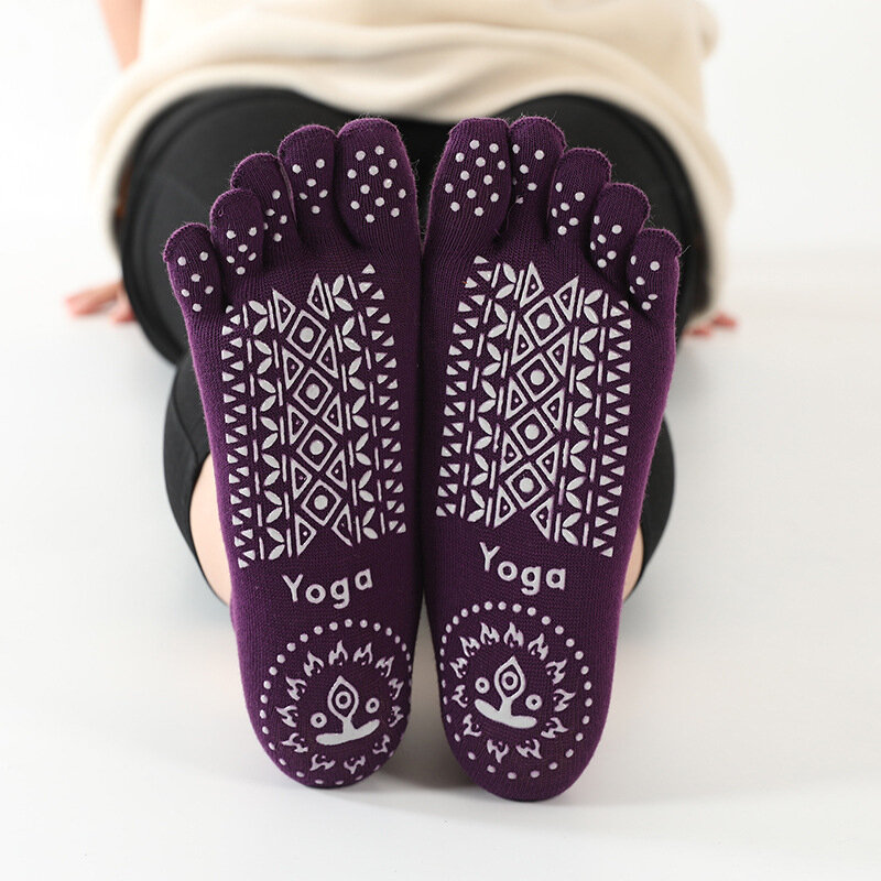 2 pares antiderrapante meias de yoga feminino esportes cor sólida algodão toe meias respiráveis