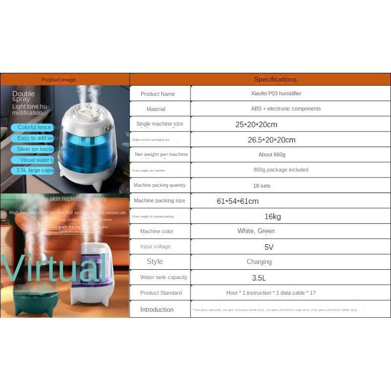 Humidificador XF-P03 de doble pulverización, difusor USB de gran capacidad para aromaterapia, hogar, dormitorio, silencioso, regalo de escritorio
