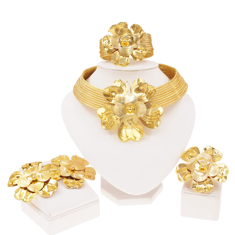 Collar chapado en oro de Brasil para mujer, conjunto de joyas de cobre puro, collar de alta calidad, pendientes, forma de capullo de flor, banquete, boda