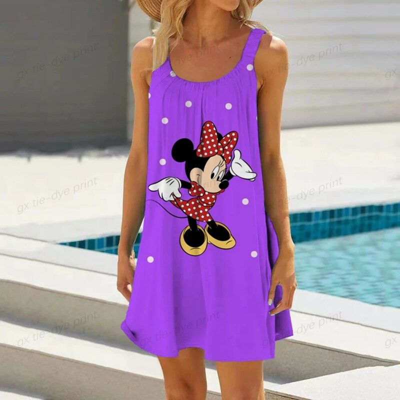 Disney Minnie Mouse Cartoon Print Boho Women Dress Fashion V Neck Sleeveless Dress Summer Hem Loose Beach Dress Elegant Dress