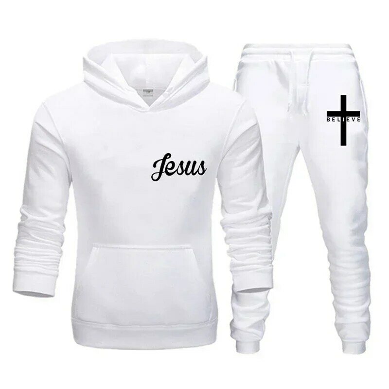 Latest Jesus Printed Tracksuit Spring and Autumn Men's Sportwear Casual Solid Color Hooded Hoodies + Pants Man Design Sports Kit