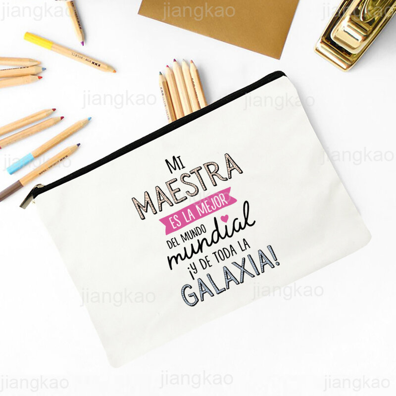 Bolsa de maquillaje con estampado español para profesores, bolsa de almacenamiento de artículos de tocador, ideal para regalo de graduación