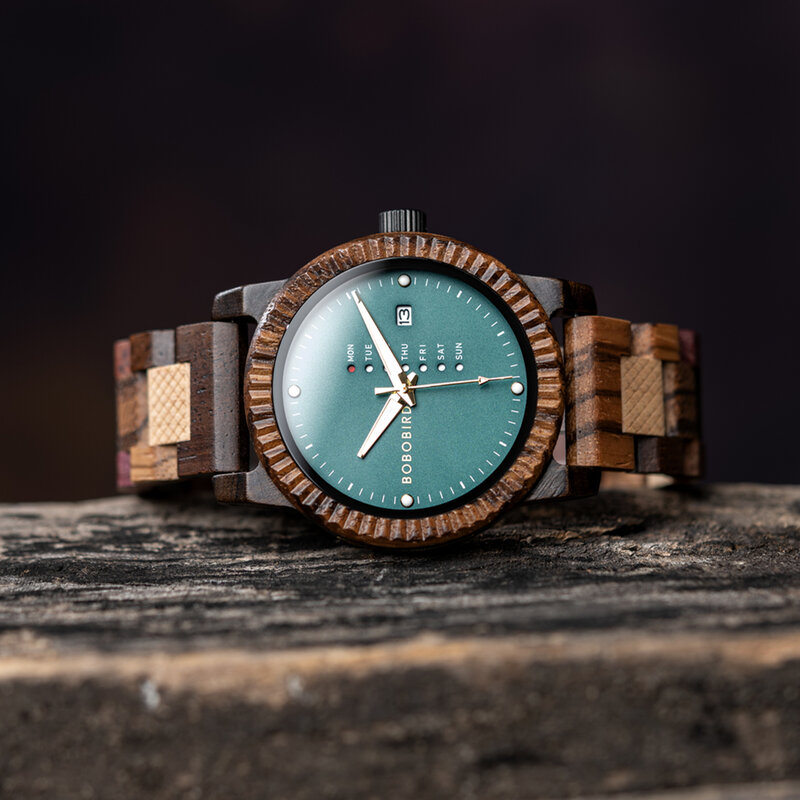 Bobo bird-relógio de pulso de quartzo masculino, display de madeira, data, semana, tempo, com caixa de presente, dropshipping, personalizado