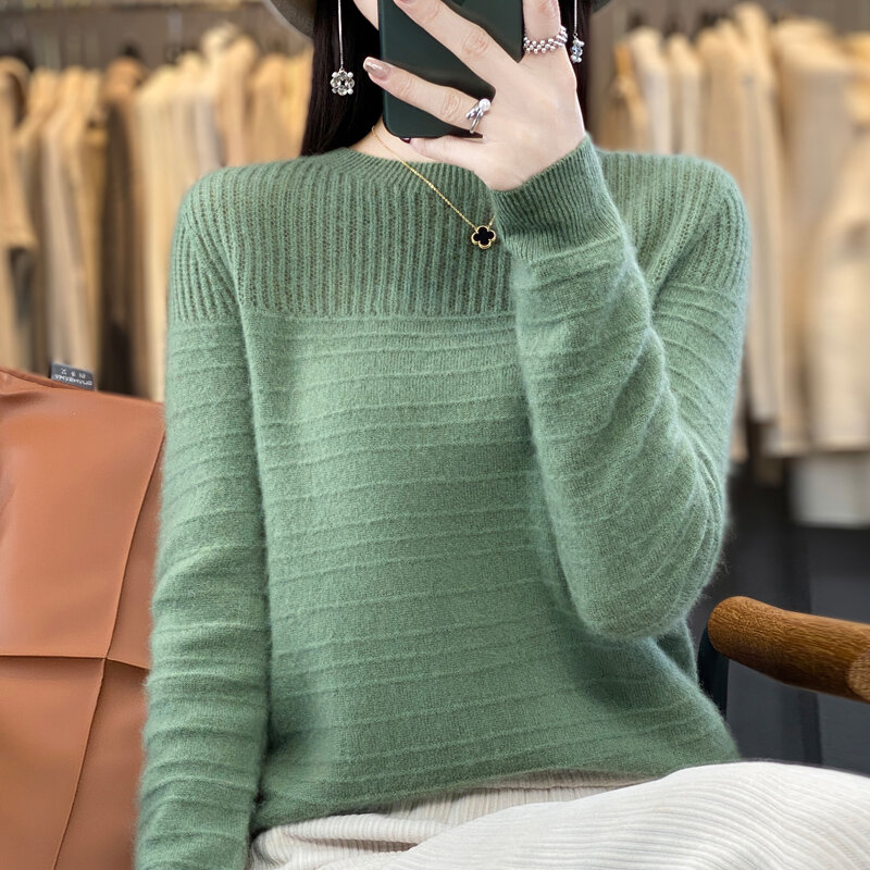 Pullover rajut wanita, pakaian sweter wol murni leher bulat lengan panjang bergaris musim gugur/musim dingin 100%